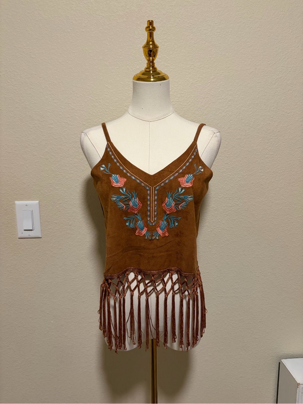 36 Point 5 Brown Suede Camisole with Embroidery and Fringe